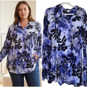 MIB Making It Big 3X Button Down Long Sleeve Shirt Blue Black Leaves